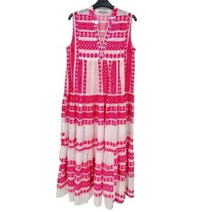 Collection by Cezele Women's‎ MEDIUM Pink White Geo Print Tiered Maxi Dress Boho